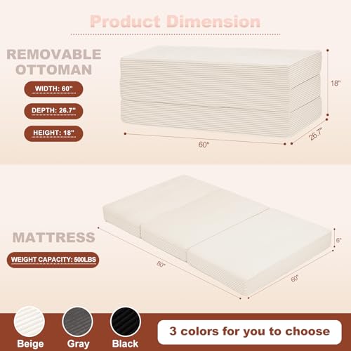 6-Inch Tri-Fold Foldable Mattress, Folding Sofa Bed with Removable Washable Cover, Portable Futon Mattress Full Size Floor Guest Mat with Non-Slip Bottom & Carry Handles for Camping (Beige, Queen) AOLVDOW