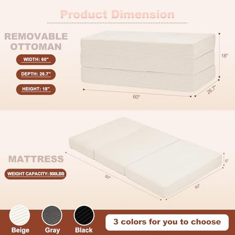 6-Inch Tri-Fold Foldable Mattress, Folding Sofa Bed with Removable Washable Cover, Portable Futon Mattress Full Size Floor Guest Mat with Non-Slip Bottom & Carry Handles for Camping (Beige, Queen) AOLVDOW