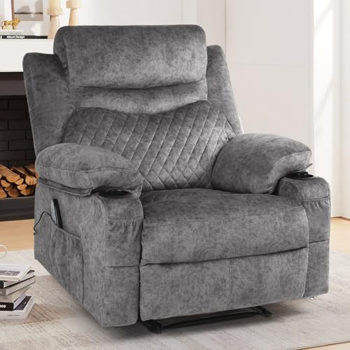 linting Overstuffed Massage Recliner Chair with Heat, Wide Seat Reclining Chair for Home Theater, Heated Massaging Manual Recliner Chairs with Cup Holders, Grey