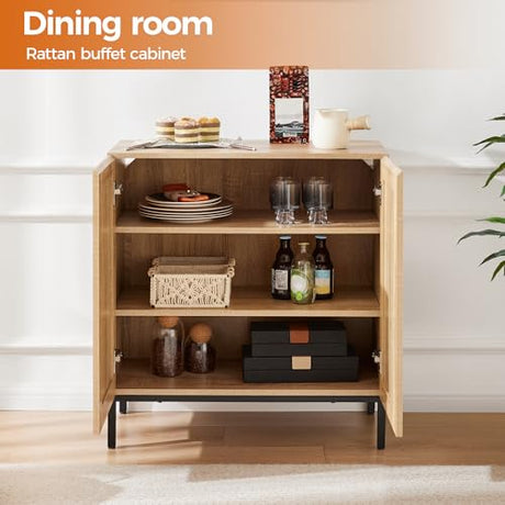Mericonia Buffet Cabinet with Storage, Sideboards 2 Doors with Metal Base and Adjustable Shelf for Kitchen, Coffee Bar, Entryway, Hallway,Living Room (Rattan Buffet Cabinet, Natural) Mericonia