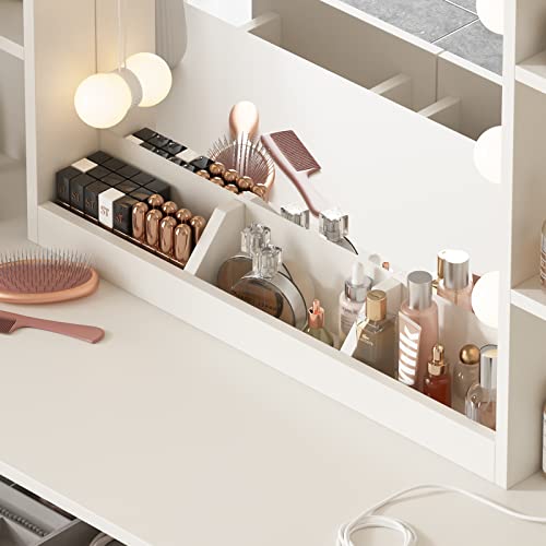 Vabches Makeup Vanity Table with Lighted Mirror & Power Strip, Large Vanity Set Vanity Desk with Storage Stool, 3 Lighting Modes, Brightness Adjustable, 45.2in(L) Vabches