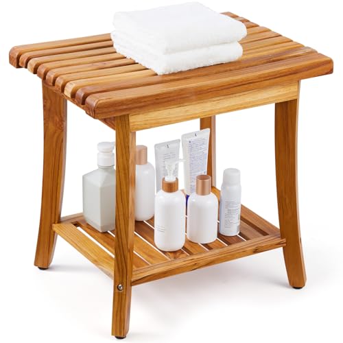 VEVOR Teak Shower Bench, 20in Waterproof Wood Shower Stool with Storage Shelf Non-Slip Foot Pads, 400 lbs Load Capacity Shower Chair Seat, for Bathroom Indoor and Outdoor Use - WoodArtSupply