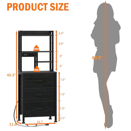 Furnulem Tall Nightstand with 3 Drawers, LED Lights, and USB Charging Ports - Versatile Beadside Table in Black Oak Furnulem