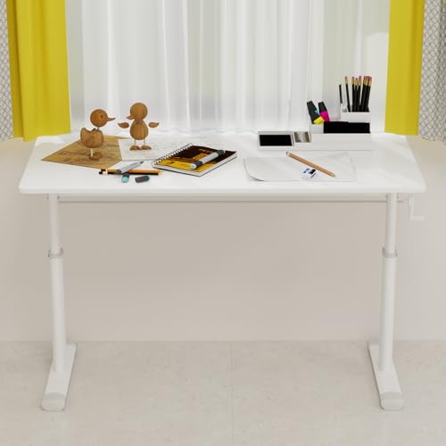 Penau Adjustable Height Standing Desk, Manual Crank Sit to Stand Computer Desk, Minimalist White Engineered Wood Top, T-Shape Iron Frame for Home Office, 47.24 x 23.62 x 35.43 Inchs. Penau