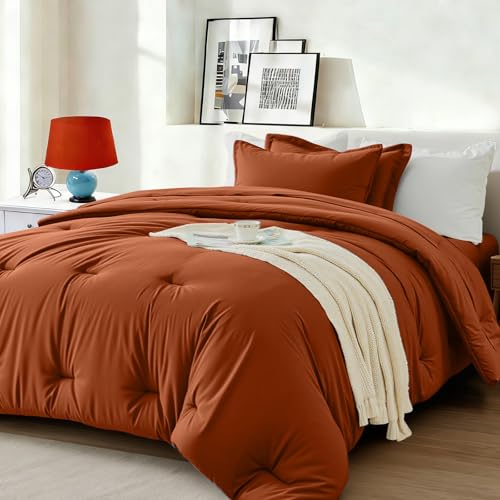 Easthome Twin Comforter Set 5 Piece - Soft Bed in a Bag Queen Size Comforter Sets, Cozy Luxury Bedding Sets with All Season Comforter, Flat Sheet, Fitted Sheet,Pillowcases & Shams, Orange Easthome