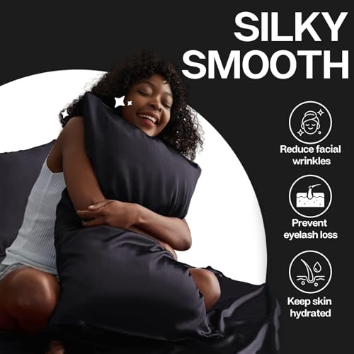MR&HM Satin Pillowcase for Hair and Skin, Silk Satin Pillowcase 2 Pack, King Size Pillow Cases Set of 2, Silky Pillow Cover with Envelope Closure (20x36, Black) MR&HM