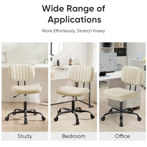 DUMOS Armless Home Office Desk Chair -Small Ergonomic with Low Back Lumbar Support, Height Adjustable PU Leather Computer Task with 360° Swivel Rolling Wheels, for Small Space, Beige White DUMOS