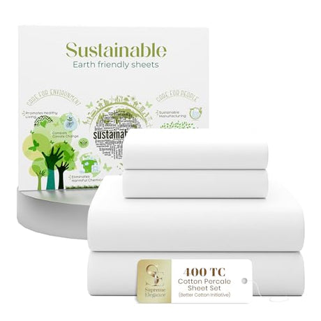 SUPREME ELEGANCE 4 Pcs 100% Cotton Full Size Sheets Set, Snow White, 400 Thread Count, Percale Weave, Cooling, Crisp Hotel Style Bed Sheets, Long Staple Cotton Bedding, Deep Pocket Fitted Sheet SUPREME ELEGANCE