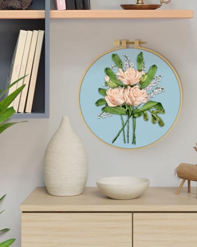 ERKOON Embroidery Kit for Beginners, Silk Ribbon Flower Cross Stitch Set for Include Embroidery Cloth Hoops Threads for Craft Lover Hand Stitch (Flowery) ERKOON