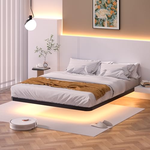 Meitewei Floating Bed Frame with LED Lights Queen Size Metal Platform Floating Bed with 15 Steel Slats, No Box Spring Needed, Noise-Free, Easy to Assemble, Black Meitewei