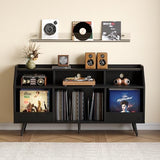 55 Inch Record Player Stand with LED Light, Modern Vinyl Record Storage Cabinet with 2 Drawers & Open Shelves, Holds up to 500 Albums, Turntable Stand w/Charging Station for Living Room Bedroom Black ONBRILL