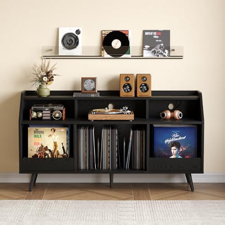 55 Inch Record Player Stand with LED Light, Modern Vinyl Record Storage Cabinet with 2 Drawers & Open Shelves, Holds up to 500 Albums, Turntable Stand w/Charging Station for Living Room Bedroom Black ONBRILL