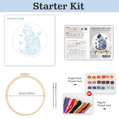 JOZYSH Blue Flower Cat and Butterfly Stamped Pattern Embroidery Kit for Beginners Adults Includes Cloth,Hoop,Color Threads,Needles and Instruction,Lover Hand Stitch with Embroidery Skill Techniques