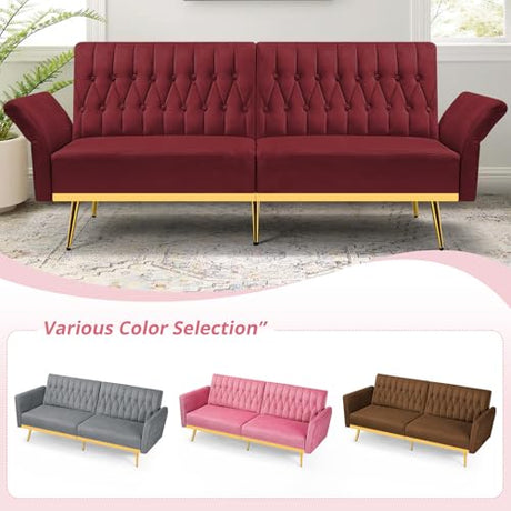 ACMEASE 70” Velvet Futon Sofa Bed with 2 Pillows and Adjustable Armrests, Convertible Sleeper Bed W/Adjustable Backrests, Modern Loveseat for Living Room, Bedroom, Red ACMEASE