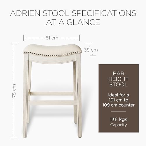 Maven Lane Adrien Saddle Bar Stool in White Oak Finish with Natural Fabric Upholstery - WoodArtSupply