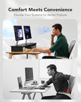 HUANUO Ergonomic Dual Monitor Stand Riser with Steel Tray & Fabric Drawer, Large Desk Organizer with One-Piece Platform, Monitor Stand for Desk, Computer Monitor Stand with Cable Management HUANUO