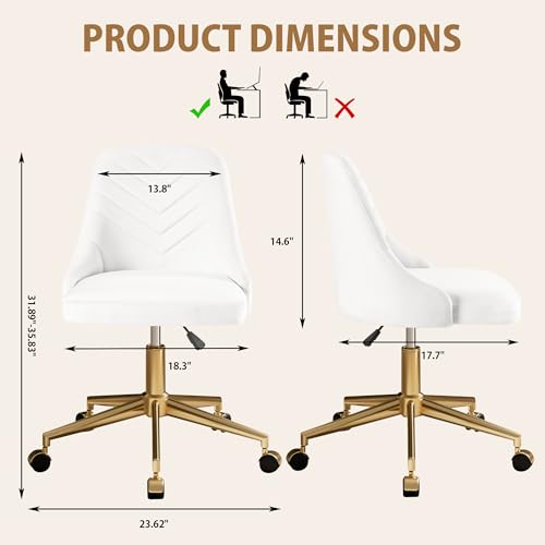 VECELO Velvet Vanity Desk Chair with Height-Adjustable for Office Living Room Bedroom Make Up Study, 360°Swivel, Wheeled Gold Base, White VECELO