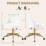 VECELO Velvet Vanity Desk Chair with Height-Adjustable for Office Living Room Bedroom Make Up Study, 360°Swivel, Wheeled Gold Base, White VECELO