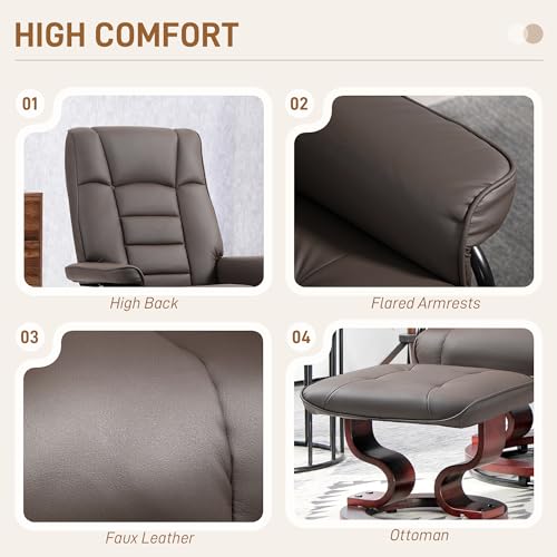 HOMCOM Faux Leather Reclining Chair, Swivel Ottoman Chair, Recliner with Ottoman with High Back and Wood Frame for Living Room, Brown HOMCOM