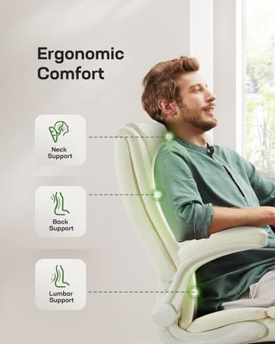 Marsail Executive Office Chair with Flip-up Armrests,PU Leather Ergonomic Desk Chair Height-Adjustable Swivel Rolling Desk Chair (White) Marsail