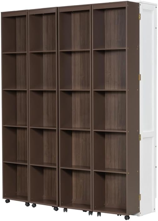 Foldable Hidden Queen Murphy Bed Cabinet with Storage Bookshelf Bookcase, Wood White Murphy Wall Bed with Storage Shelves for Adults (Espresso) MERITLINE