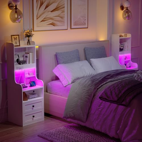 EnHomee Tall Nightstand with Charging Station and LED Lights - Stylish White Nightstand with 2 Drawers and Shelves - WoodArtSupply