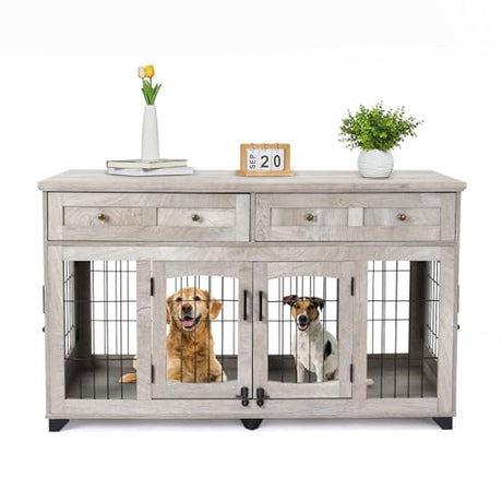 Dog Crate Furniture with 5 Doors, 58" Wooden Dog Kennel End Table with Large Capacity Drawers, Dog House with Openable Divider for Small/Medium/Large Dog,Dog Cage,Side End Table (Rustic Grey) LALFPET