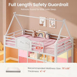 VIAGDO Twin Size Low Loft Bed with 9 Storage Drawers, Bookcase and LED Lights, House-Shaped Metal Twin Loft Bed with Step Stool and Safety Guardrail, Kids Loft Bed with Under-Bed Play Space, White VIAGDO