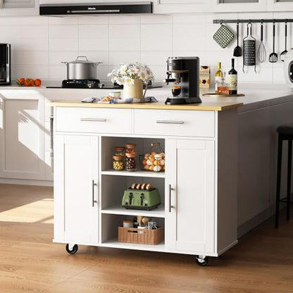 Shintenchi Kitchen Storage Island Cart with 3 Open Shelves, 2 Drawers and 2 Cabinets, Kitchen Cart on Wheels with Handle/Towel Rack, White