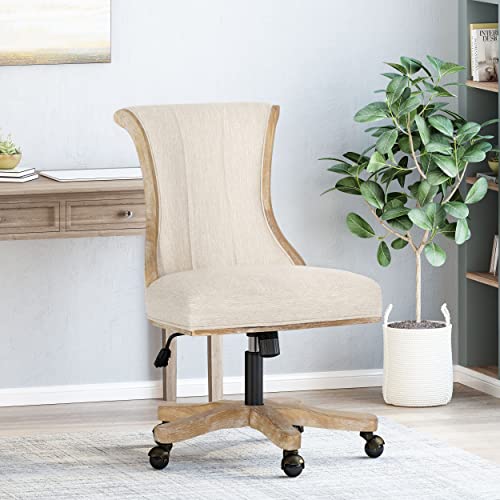 Astrivia Solid Wood Swivel Chair, Fabric Armless Office Chair, American Vintage Vanity Chair Adjustable Home Office Desk Chair for Women Farmhouse Study Studio Bedroom (Beige) Astrivia
