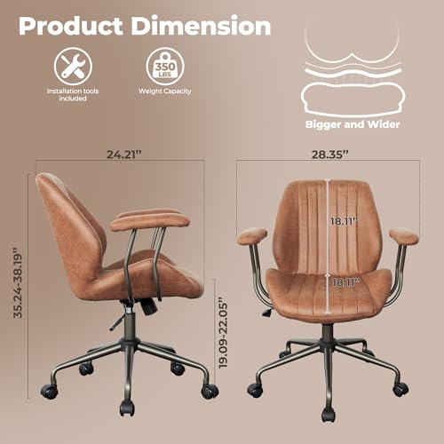 ovios Ergonomic Office Chair, Mid Back Faux Leather Executive Chairs with Armrests, Comfy Mid-Century Modern Swivel Rolling Computer Armchair (Brown, Suede Leather) ovios