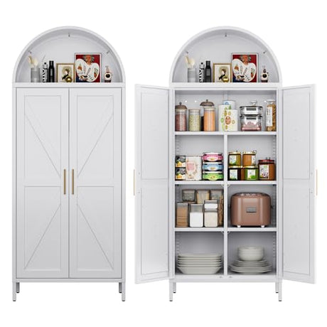 JAORD Metal Arched Kitchen Pantry Cabinet with 4 Adjustable Shelves, Farmhouse Arched Cabinet with 2 Doors for Kitchen,Bedroom,Living Room,White, Assemble Required,13.8" D x 27.6" W x 66.9" H JAORD