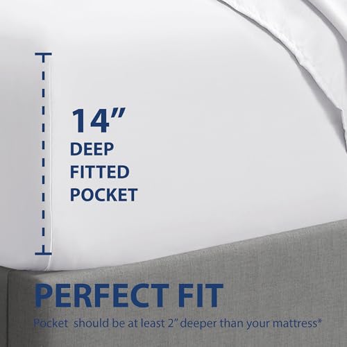 Cathay Home Luxury Wrinkle And Fade Resistant Double Brushed Ultra Soft Microfiber 14-inch Standard Pocket Single Fitted Sheet, White, King Cathay Home