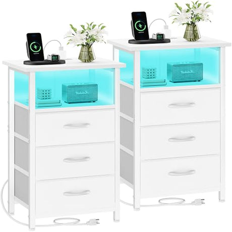 Vagusicc Night stand Set 2 with Charging Station, LED Nightstand for Bedroom, White Bedside Table with 3 Fabric Drawer, End Table Side Table with USB Ports & Outlets, Bed Side Table for Bedroom, White Vagusicc