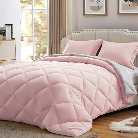 NexHome Twin Comforter Set Pink&Grey,2 Pieces Lightweight Comforters Twin Size Reversible Bedding Comforters Sets,Down Alternative Comforter Bed Set Quilt Blanket(68x88In Comforter & 1 Pillowsham) NexHome