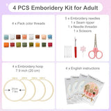Huacan Embroidery Kit for Adults Beginner - Embroidery Kits 4 Pcs Stamped Stitch Practice Multiple Pattern Bouquet with 4 Hoops, DIY Sewing Kit with Gift Box 7.9 x 7.9 Inch