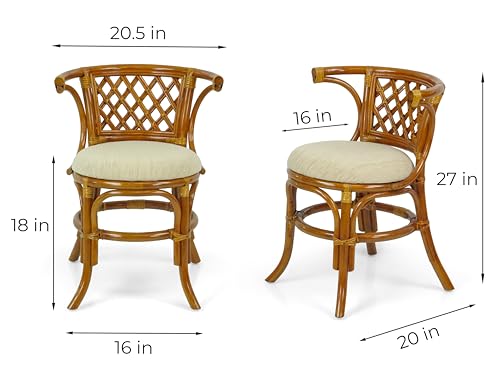 Borneo Compact Dining Set Colonial Color, Table with Glass Top + 2 Chairs with Cream Cushions, Handmade Natural Wicker Rattan Furniture Wickerix