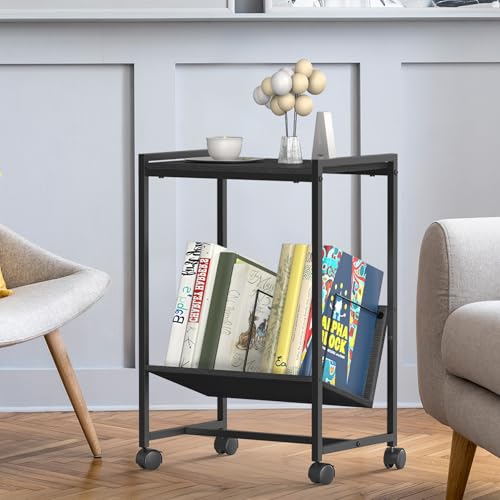 FANSXIVITA Record Player Table with Vinyl Storage,Black Small End Table Turntable Stand with Record Storage,Vinyl Record Player Stand,2 Tier Bed Side Table Modern Nightstand for Living Room Bedroom FANSXIVITA