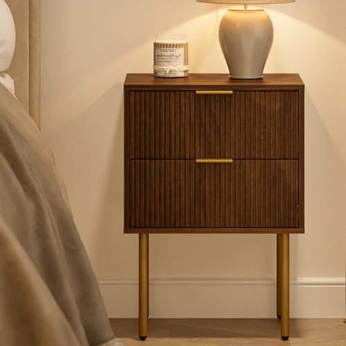 Masupu Night Stand,Mid-Century Modern Bedside Table with 2 Storage Drawer,Small Gold Frame Side End Table for Bedroom,Living Room, Walnut Masupu