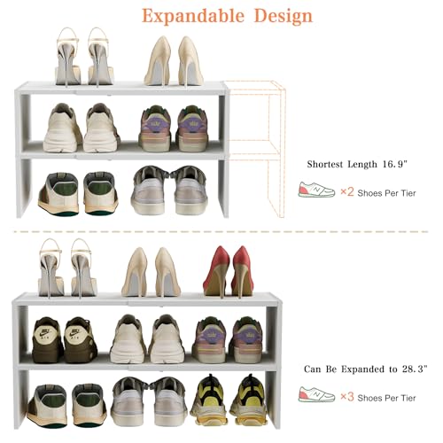 2-Tier Small Shoe Rack Organizer for Closet, White Expandable Shoe Shelf, Stackable Iron Wood Combination Shoe Racks Shelves for Closets, Entryway,Small Space,Hallway,Garage,6-12 Pairs,Patent Pending Cidaziya