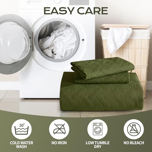 JYHOPE Olive Green Twin Quilt Set 68x90 Lightweight Microfabric Bedspread, 3-Piece Quilt Bedding with Pillow Shams, Summer Cooling Quilts, Ribbon Wrapped Gift JYHOPE