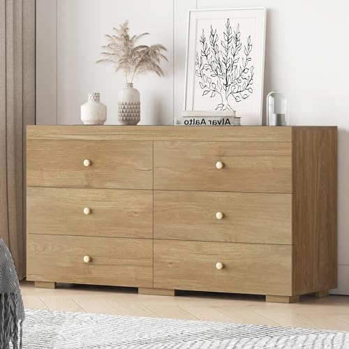 Zenflare Dresser for Bedroom 6 Drawer Wood Dresser 58.3" Wide, Large Chest of Drawers for Bedroom, Living Room, Hallway, Entryway, Modern TV Stand Drawer Organizer, Light Oak Zenflare
