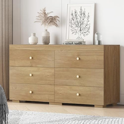 Zenflare Dresser for Bedroom 6 Drawer Wood Dresser 58.3" Wide, Large Chest of Drawers for Bedroom, Living Room, Hallway, Entryway, Modern TV Stand Drawer Organizer, Light Oak