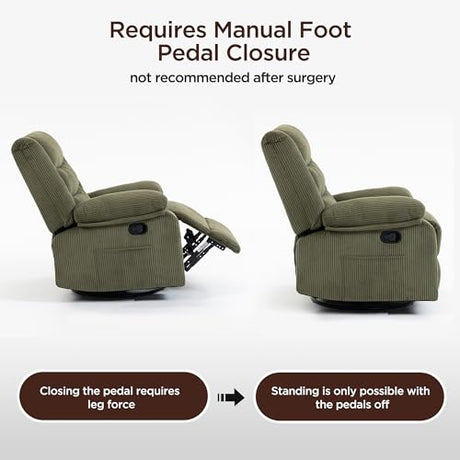 360° Swivel Rocker Recliner Chair for Adults, Nursery Manual Reclining Chair with Arms and Back, Upholstered Glider Rocking with Side Pockets for Living Room, Bedroom Nursing use, Corduroy, Green FiveWillowise