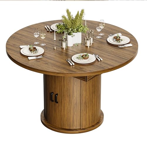 CABZOON 47-63in Extendable Round Dining Table for 4-8 Modern Round Kitchen Table Circle Dining Table with 2-Tier Storage Shelf, Space Saving Expandable Wood Oval for Living Room Walnut CABZOON