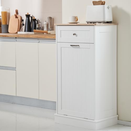 AHB 13 Gallons Tilt Out Trash Cabinet, Hidden Trash Can Kitchen Wooden Tilt Out Pet Proof Hidden Trash Bin for Kitchen Living Room,White AHB