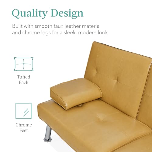 Best Choice Products Faux Leather Upholstered Modern Convertible Futon, Adjustable Folding Sofa Bed, Guest Bed w/Removable Armrests - Camel Yellow Best Choice Products