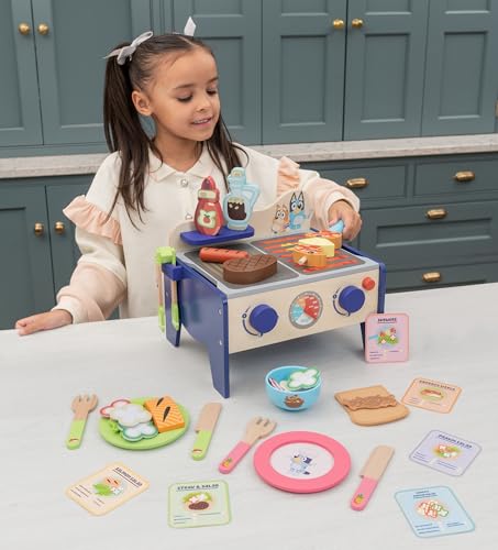 BLUEY – Wooden BBQ and Salad Set, 33-Piece Colorful Playset with Tongs and Food Pieces – Realistic Role-Play & Imaginative Fun for Ages 3 Years and Up, Medium BLUEY