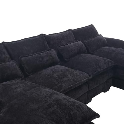 Verfur Oversized Modular Sectional Sofa Cloud Double Chaise Lounge, Extra Large U Shaped Couch, 6 Seater Comfy Chenille Upholstered Sleeper Sofa&Couches with Waist Pillows & Memory Foam, Black 110.63"