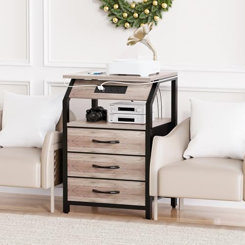 SZLHANJZ Night Stand Set of 2, Nightstands with Charger Station and LED Lights, End Tables Set with 3 Fabric Drawers, Storage Side Tables for Bedside, Living Room, Greige SZLHANJZ